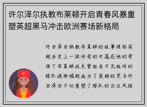 许尔泽尔执教布莱顿开启青春风暴重塑英超黑马冲击欧洲赛场新格局