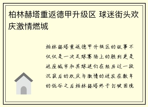 柏林赫塔重返德甲升级区 球迷街头欢庆激情燃城
